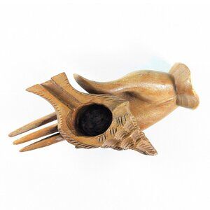 Vintage carved wooden hand holding a seashell, wooden toothpick holder, ashtray,